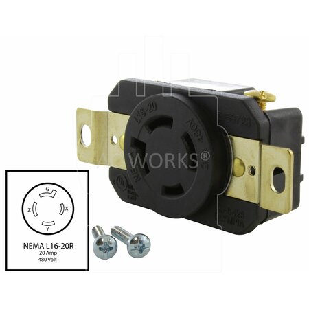 Ac Works 20A, 480V, 3-Phase NEMA L16-20R Flush Mount Locking Industrial Grade Receptacle FML1620R